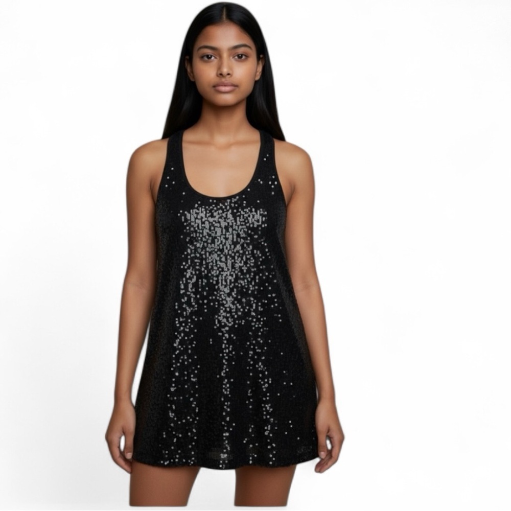 VTG Y2K Victoria’s Secret VS Black Sequin Sparkle Mini Slip Dress M Racerback